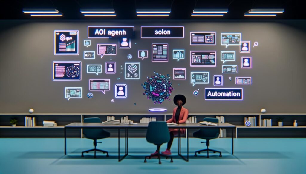 Futuristischer Arbeitsplatz mit Solo-Unternehmer im Zentrum, umgeben von holografischen KI-Agenten, Webflow-Logo und digitalen Schnittstellen in einer modernen High-Tech-Atmosphäre.