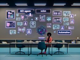 Futuristischer Arbeitsplatz mit Solo-Unternehmer im Zentrum, umgeben von holografischen KI-Agenten, Webflow-Logo und digitalen Schnittstellen in einer modernen High-Tech-Atmosphäre.