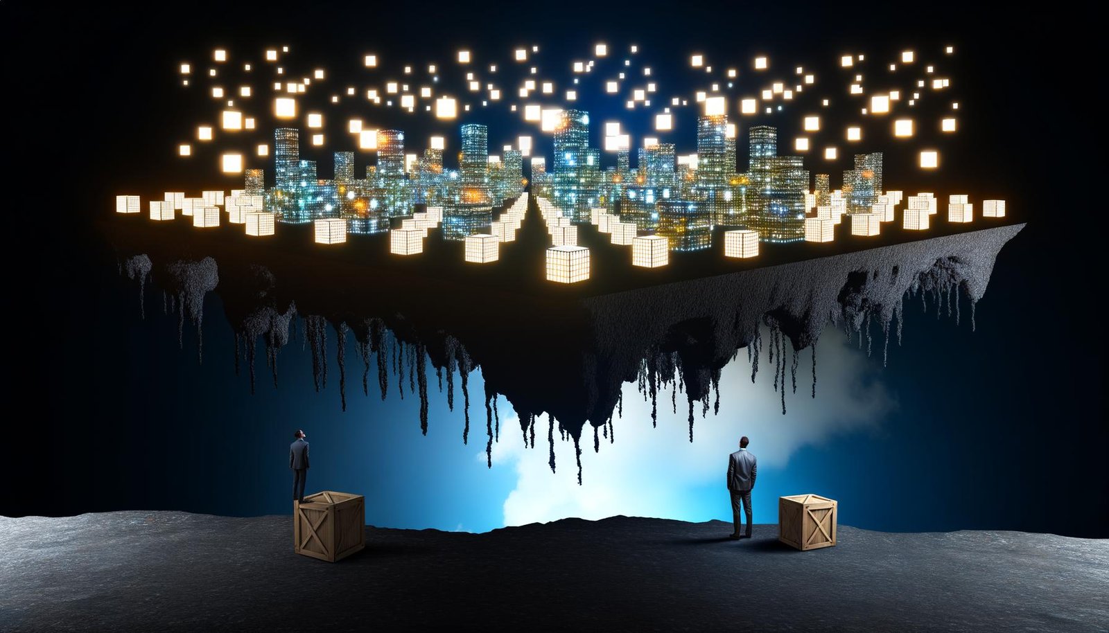 Metaphorische Darstellung einer riesigen digitalen Stadt mit Linux, Kubernetes, Docker, Node.js, React, Nginx und PostgreSQL, die über einer dunklen Leere schwebt und an der Basis Risse und Einsturz zeigt. Entwickler halten verzweifelt die Struktur aufrecht, während Geschäftsleute oben stehen.