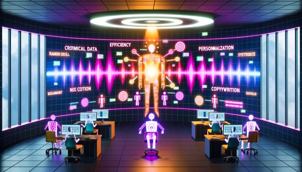 Futuristische Redaktion mit schlanken Roboterarmen, digitalen Bildschirmen, leuchtenden Neon-Projektionen und einer Wellenform, die die Umwandlung von Daten in automatisierte Texte symbolisiert. Menschliche Silhouetten im Hintergrund.