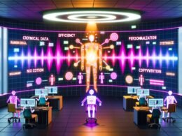 Futuristische Redaktion mit schlanken Roboterarmen, digitalen Bildschirmen, leuchtenden Neon-Projektionen und einer Wellenform, die die Umwandlung von Daten in automatisierte Texte symbolisiert. Menschliche Silhouetten im Hintergrund.