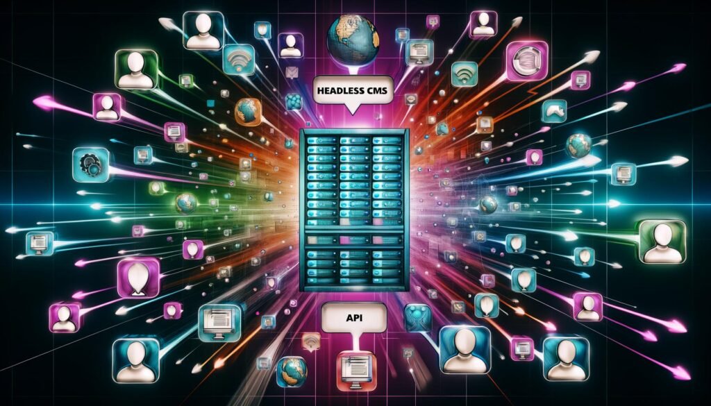 Illustration eines modernen Serverraums mit leuchtenden, farbcodierten Datenströmen zu Social Media, Websites, Apps und digitalen Werbetafeln, umgeben von User-Avataren mit Smartphones, Laptops und Smartwatches. Im Hintergrund Begriffe wie Headless CMS, API, DAM und CDP.