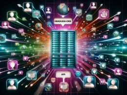 Illustration eines modernen Serverraums mit leuchtenden, farbcodierten Datenströmen zu Social Media, Websites, Apps und digitalen Werbetafeln, umgeben von User-Avataren mit Smartphones, Laptops und Smartwatches. Im Hintergrund Begriffe wie Headless CMS, API, DAM und CDP.