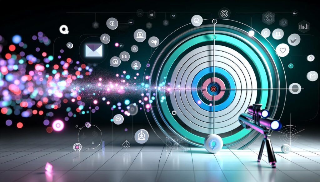 Futuristisches Titelbild mit digitaler Zielscheibe, bunten Datenströmen, Marketing- und Daten-Symbolen sowie Visier im Technologie-Stil, auf weiß-türkis-neonblauem Hintergrund.