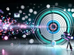 Futuristisches Titelbild mit digitaler Zielscheibe, bunten Datenströmen, Marketing- und Daten-Symbolen sowie Visier im Technologie-Stil, auf weiß-türkis-neonblauem Hintergrund.
