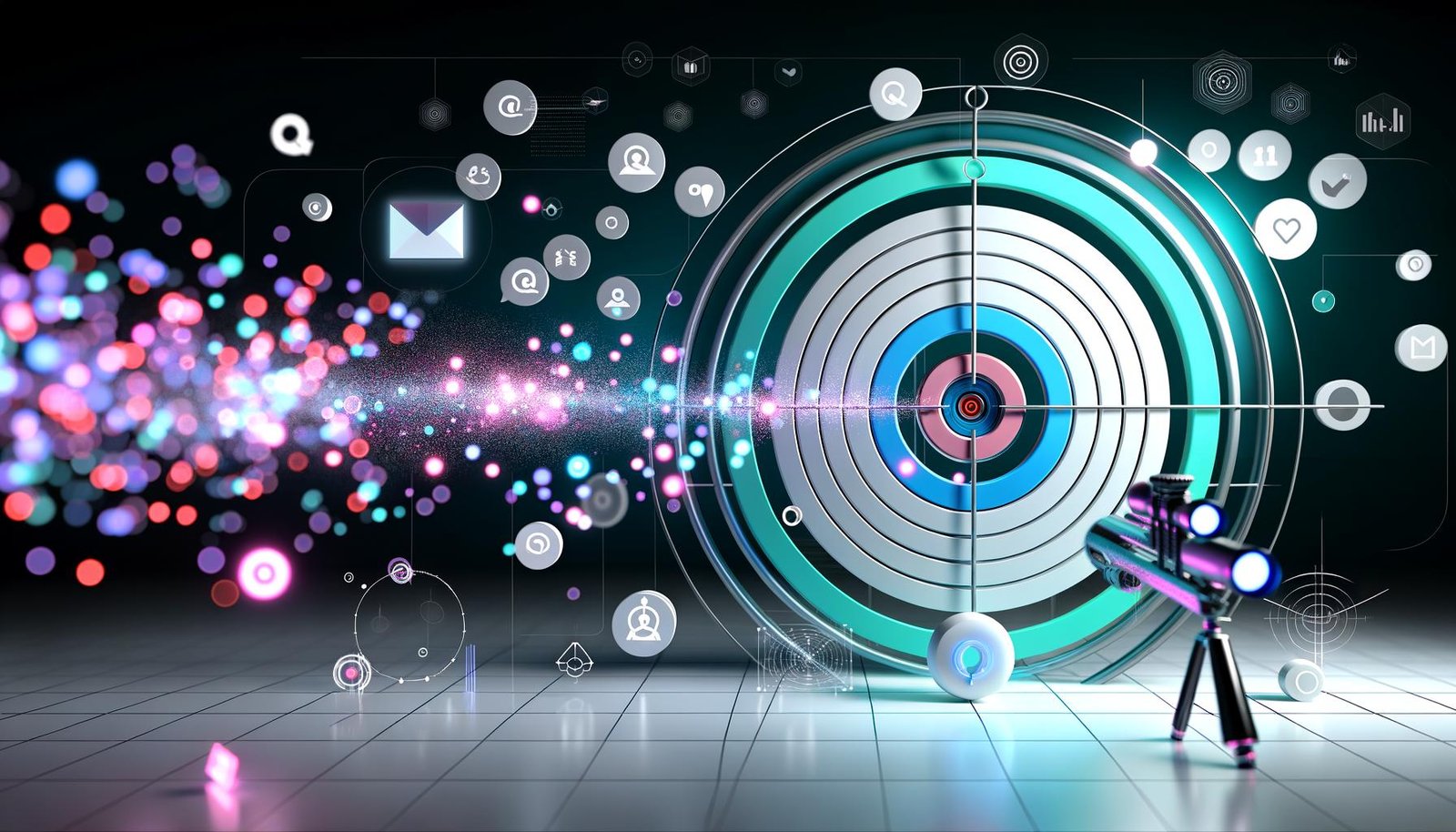 Futuristisches Titelbild mit digitaler Zielscheibe, bunten Datenströmen, Marketing- und Daten-Symbolen sowie Visier im Technologie-Stil, auf weiß-türkis-neonblauem Hintergrund.