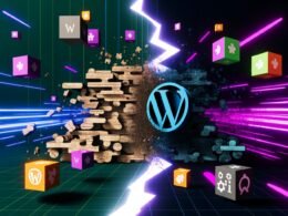 Dynamische Grafik eines digitalen Schlachtfelds mit klassischen CMS-Monolithen auf der einen Seite und modernen Headless-CMS-Symbolen auf der anderen, getrennt durch eine futuristische Linie und umgeben von Neonakzenten.