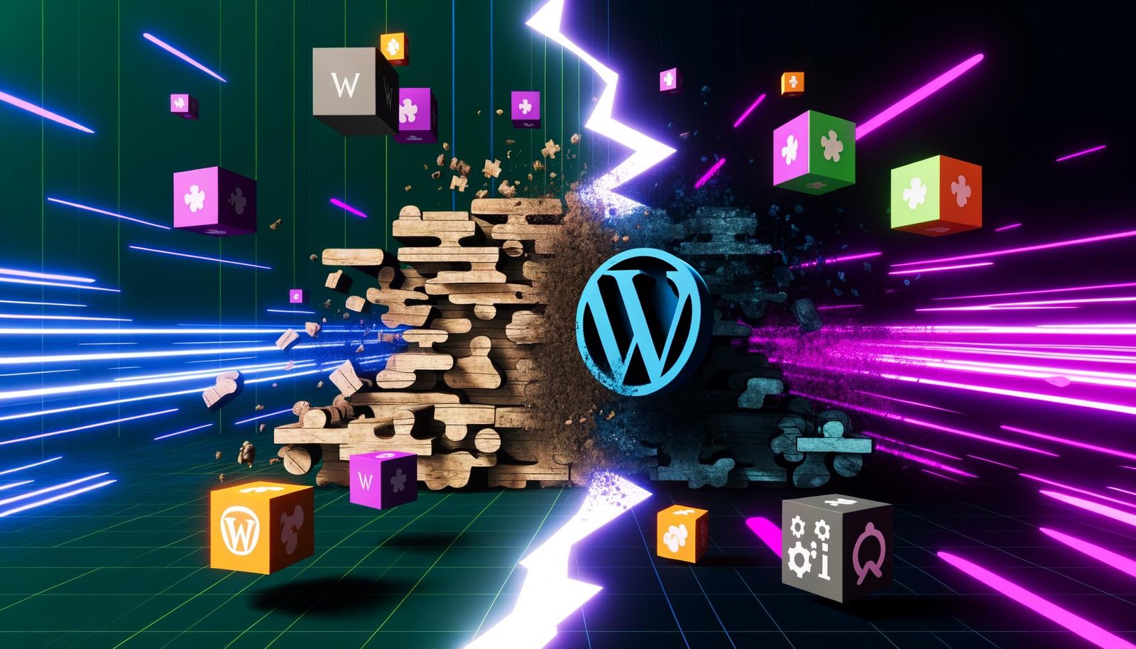 Dynamische Grafik eines digitalen Schlachtfelds mit klassischen CMS-Monolithen auf der einen Seite und modernen Headless-CMS-Symbolen auf der anderen, getrennt durch eine futuristische Linie und umgeben von Neonakzenten.