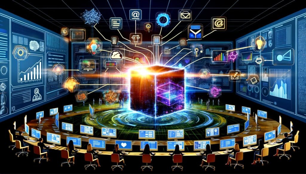 Digitale Collage eines Kontrollraums mit Monitoren, Dashboards, Datenströmen, zentralem Serverkubus und Marketern, die KI-gestützte Segmentierungsalgorithmen verwenden.