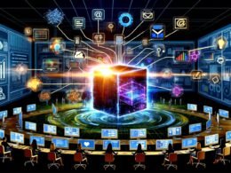 Digitale Collage eines Kontrollraums mit Monitoren, Dashboards, Datenströmen, zentralem Serverkubus und Marketern, die KI-gestützte Segmentierungsalgorithmen verwenden.