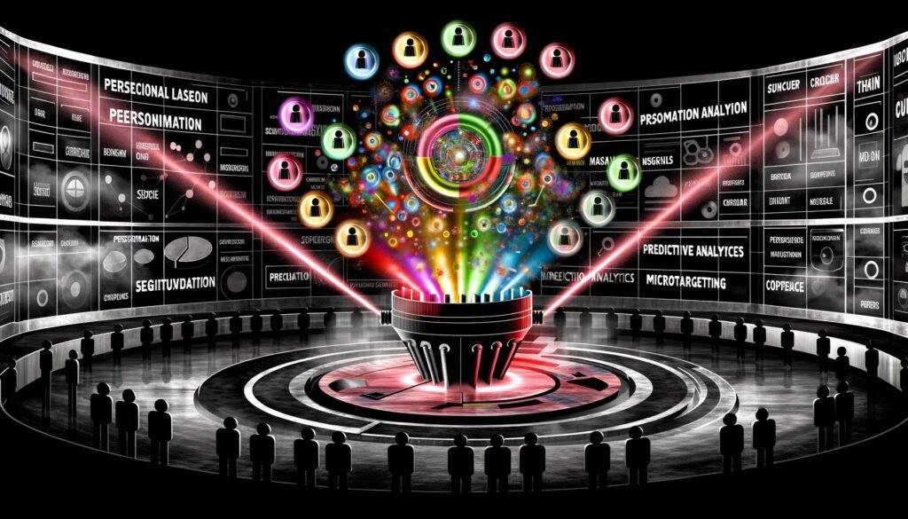 Illustration eines futuristischen Marketing-Maschinenraums mit bunten Datenströmen, Zielgruppenblasen, Marketers und Data Scientists an Hologramm-Displays, umgeben von Begriffen wie Personalisierung, Predictive Analytics und Microtargeting.