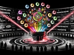 Illustration eines futuristischen Marketing-Maschinenraums mit bunten Datenströmen, Zielgruppenblasen, Marketers und Data Scientists an Hologramm-Displays, umgeben von Begriffen wie Personalisierung, Predictive Analytics und Microtargeting.