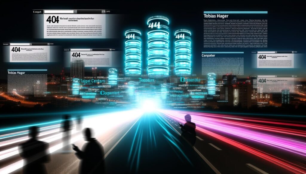 Futuristisches Titelbild einer Großstadt bei Nacht mit digitaler, leuchtender Timeline, Content-Elementen und Menschen mit mobilen Geräten; im Hintergrund stilisierte Rechenzentren und Datenströme.