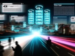 Futuristisches Titelbild einer Großstadt bei Nacht mit digitaler, leuchtender Timeline, Content-Elementen und Menschen mit mobilen Geräten; im Hintergrund stilisierte Rechenzentren und Datenströme.