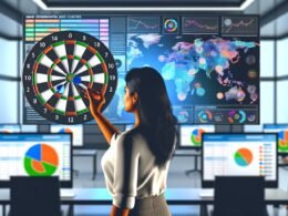 Moderner Büroraum mit mehreren Bildschirmen, die komplexe bunte Datenvisualisierungen und Segmentierungs-Dashboards zeigen, während ein Marketer ein digitales Dartboard mit Zielgruppen-Segmenten betrachtet.