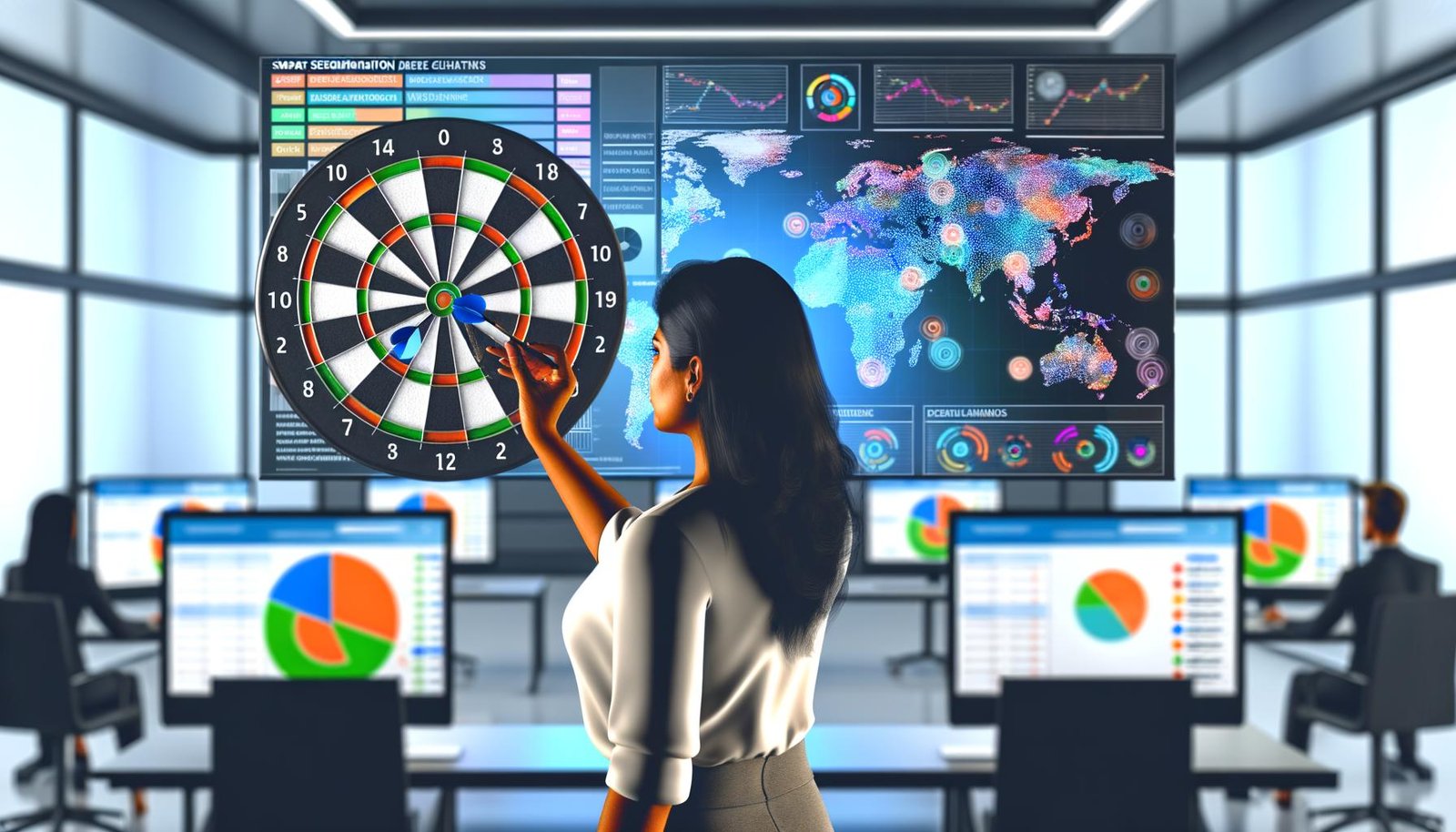 Moderner Büroraum mit mehreren Bildschirmen, die komplexe bunte Datenvisualisierungen und Segmentierungs-Dashboards zeigen, während ein Marketer ein digitales Dartboard mit Zielgruppen-Segmenten betrachtet.