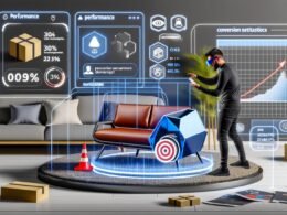 Mann betrachtet ein Möbelstück via Smartphone und Augmented Reality im Wohnzimmer, umgeben von digitalen Analysen, Warnsymbolen und Statistiken.