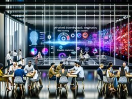 Futuristisches Großraumbüro mit transparenter Glaswand, leuchtenden Datenströmen, diversen Spezialist:innen und holografischen Benutzeroberflächen mit Begriffen wie Realtime Scoring und Predictive Analytics.