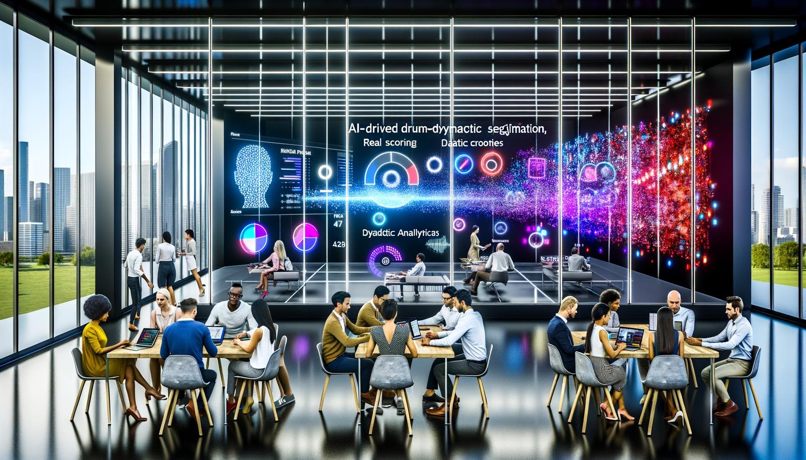 Futuristisches Großraumbüro mit transparenter Glaswand, leuchtenden Datenströmen, diversen Spezialist:innen und holografischen Benutzeroberflächen mit Begriffen wie Realtime Scoring und Predictive Analytics.