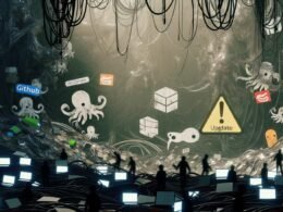 Überwucherter, chaotischer Dschungel aus kaputten Kabeln und zerbrochenen Platinen mit verblassten Logos von Open-Source-Projekten wie GitHub, Docker und Linux. Warnschild mit Ausrufezeichen, zurückgelassene Laptops und Notiz 'Dringend: Update?', umringt von verschwindenden Entwickler-Figuren.