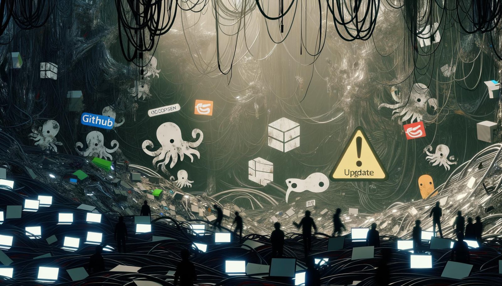 Überwucherter, chaotischer Dschungel aus kaputten Kabeln und zerbrochenen Platinen mit verblassten Logos von Open-Source-Projekten wie GitHub, Docker und Linux. Warnschild mit Ausrufezeichen, zurückgelassene Laptops und Notiz 'Dringend: Update?', umringt von verschwindenden Entwickler-Figuren.