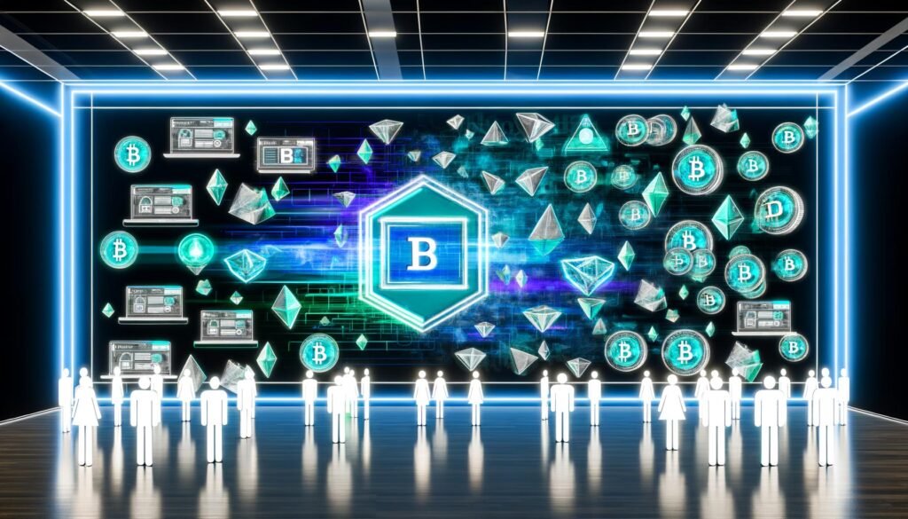 Futuristischer Kontrollraum mit Webflow-Website, Blockchain-Interface und schwebenden Loyalty-Karten. Diverses Team arbeitet an digitalen Innovationen, umgeben von holographischen Token und NFTs.