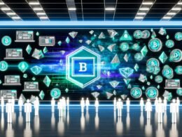 Futuristischer Kontrollraum mit Webflow-Website, Blockchain-Interface und schwebenden Loyalty-Karten. Diverses Team arbeitet an digitalen Innovationen, umgeben von holographischen Token und NFTs.