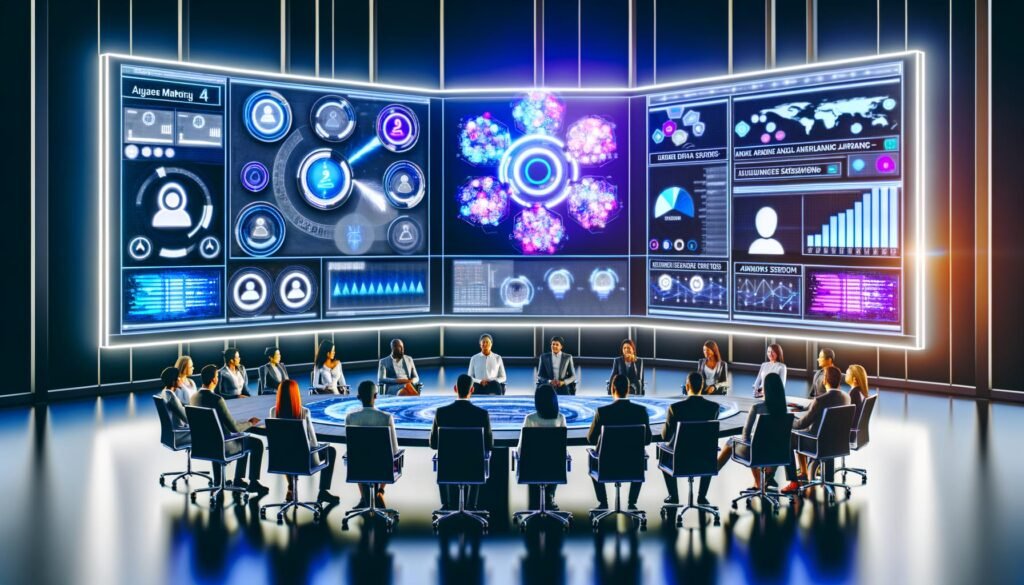Futuristisches digitales Marketing-Command Center mit Echtzeit-Dashboards, diversen Marketern und KI-gesteuerten Visualisierungen