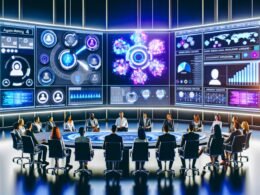 Futuristisches digitales Marketing-Command Center mit Echtzeit-Dashboards, diversen Marketern und KI-gesteuerten Visualisierungen