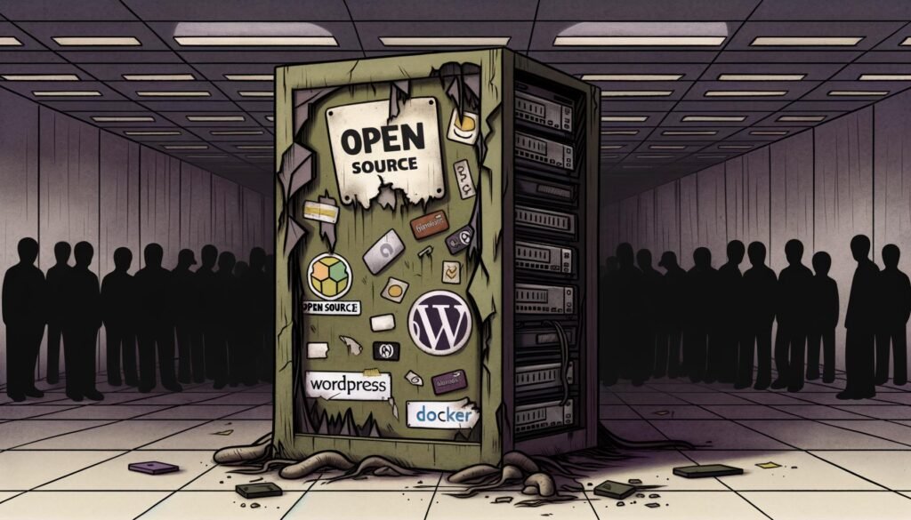 Düsteres Bild eines ausgeblichenen, beschädigten Open-Source-Schilds mit alten Software-Logos, umgeben von verfallenen Servern und abgewandten Schattenfiguren, das Vernachlässigung und Ausbeutung der Open-Source-Community darstellt.