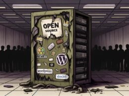 Düsteres Bild eines ausgeblichenen, beschädigten Open-Source-Schilds mit alten Software-Logos, umgeben von verfallenen Servern und abgewandten Schattenfiguren, das Vernachlässigung und Ausbeutung der Open-Source-Community darstellt.