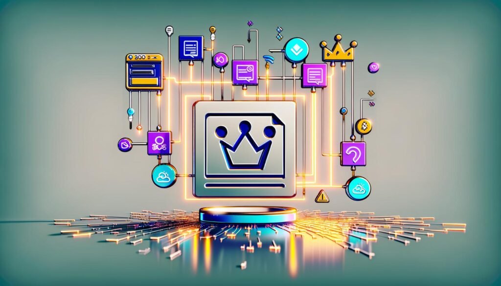 Abstrakte Darstellung einer vernetzten Stack-Architektur mit Webflow, Automatisierungstools und Datenströmen, ergänzt durch Workflow-Beispiel, Monitoring-Situation und wachstumsorientierter Automation.