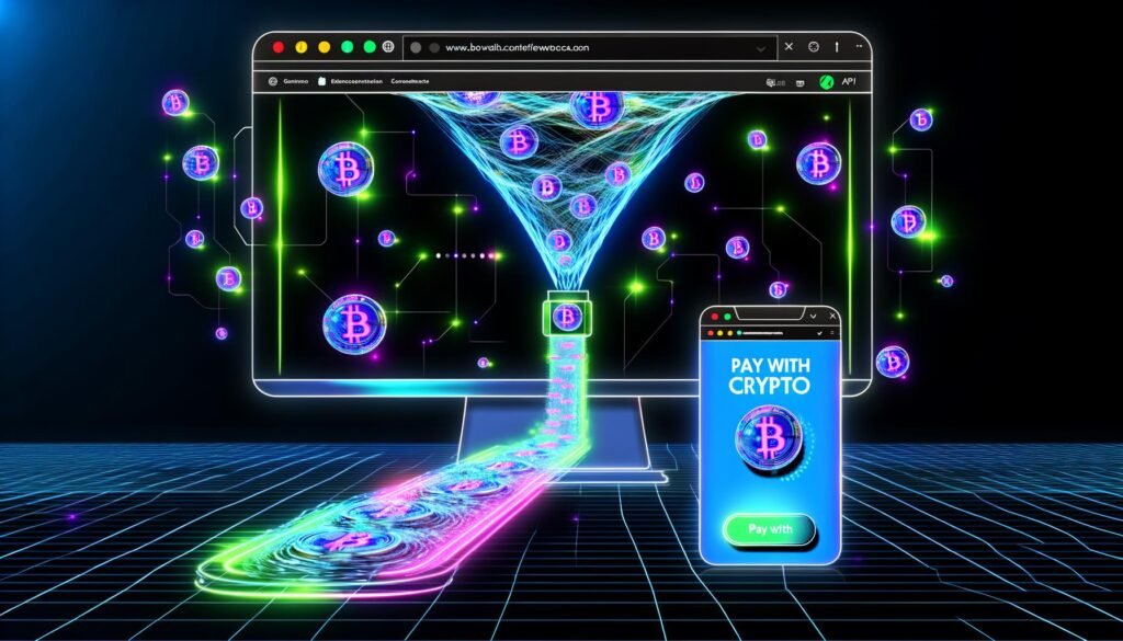 Technisch-futuristische Webflow-Website im Neon-Licht mit Bitcoin und Krypto-Coins, die symbolisch durch einen Zahlungsfunnel laufen. Sichtbarer „Mit Crypto bezahlen“-Button auf Desktop und mobil, umgeben von Blockchain-Netzwerken und digitalen API-Grafiken.