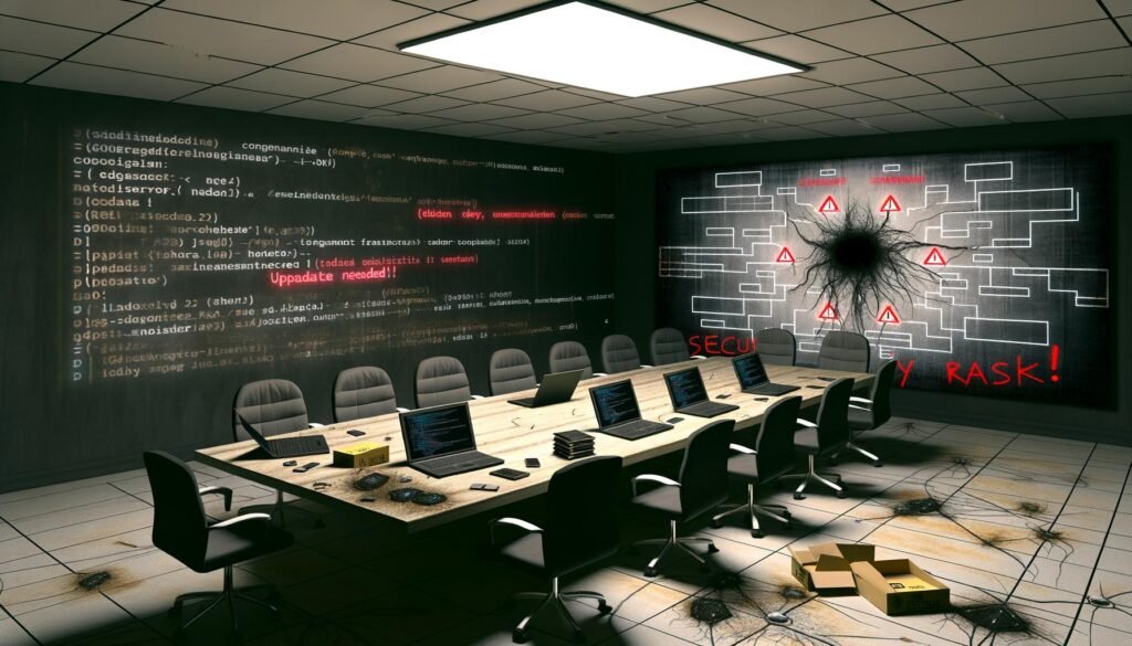 Modernes Büro mit rissigem Tisch und Boden, überwuchert von digitalen Ranken. Offene Laptops zeigen Warnungen wie ‚Update benötigt‘ und ‚Sicherheitsrisiko!‘, während im Hintergrund eine dunkle Gestalt als Bedrohung lauert. Alte Code-Bücher, USB-Sticks und ein chaotisches Abhängigkeitsdiagramm unterstreichen den IT-Krisenzustand.