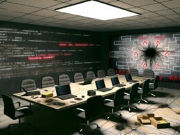 Modernes Büro mit rissigem Tisch und Boden, überwuchert von digitalen Ranken. Offene Laptops zeigen Warnungen wie ‚Update benötigt‘ und ‚Sicherheitsrisiko!‘, während im Hintergrund eine dunkle Gestalt als Bedrohung lauert. Alte Code-Bücher, USB-Sticks und ein chaotisches Abhängigkeitsdiagramm unterstreichen den IT-Krisenzustand.