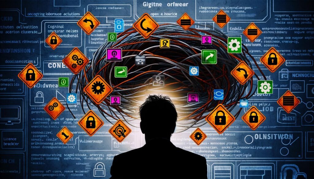 Dramatische Darstellung von Open-Source-Icons, die zu Kabeln und verschlossenen Dateien mutieren, mit Warnzeichen und einem besorgten Geschäftsmann im Hintergrund.