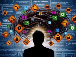 Dramatische Darstellung von Open-Source-Icons, die zu Kabeln und verschlossenen Dateien mutieren, mit Warnzeichen und einem besorgten Geschäftsmann im Hintergrund.