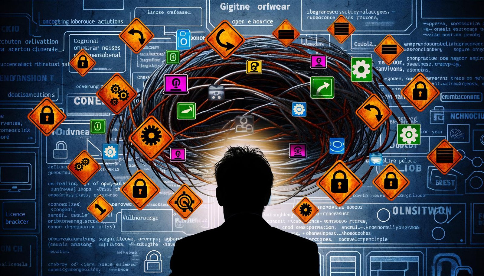 Dramatische Darstellung von Open-Source-Icons, die zu Kabeln und verschlossenen Dateien mutieren, mit Warnzeichen und einem besorgten Geschäftsmann im Hintergrund.