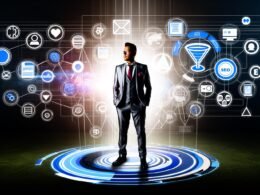 Futuristisches Titelbild eines Einzelunternehmers auf einem digitalen Netzwerk mit schwebenden UI-Elementen und Symbolen für Online-Marketing, SEO und Analytics.