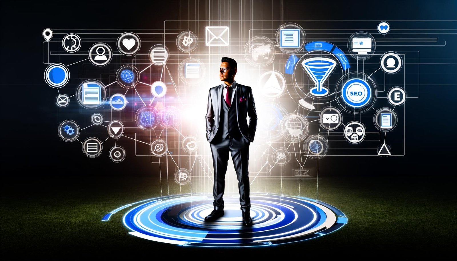 Futuristisches Titelbild eines Einzelunternehmers auf einem digitalen Netzwerk mit schwebenden UI-Elementen und Symbolen für Online-Marketing, SEO und Analytics.