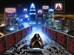 Gestresste Open Source Maintainer-Person vor Monitoren mit Warnmeldungen in einer nächtlichen Skyline aus Code und GitHub-Symbolen, umgeben von leuchtenden Konsumkonzern-Logos.