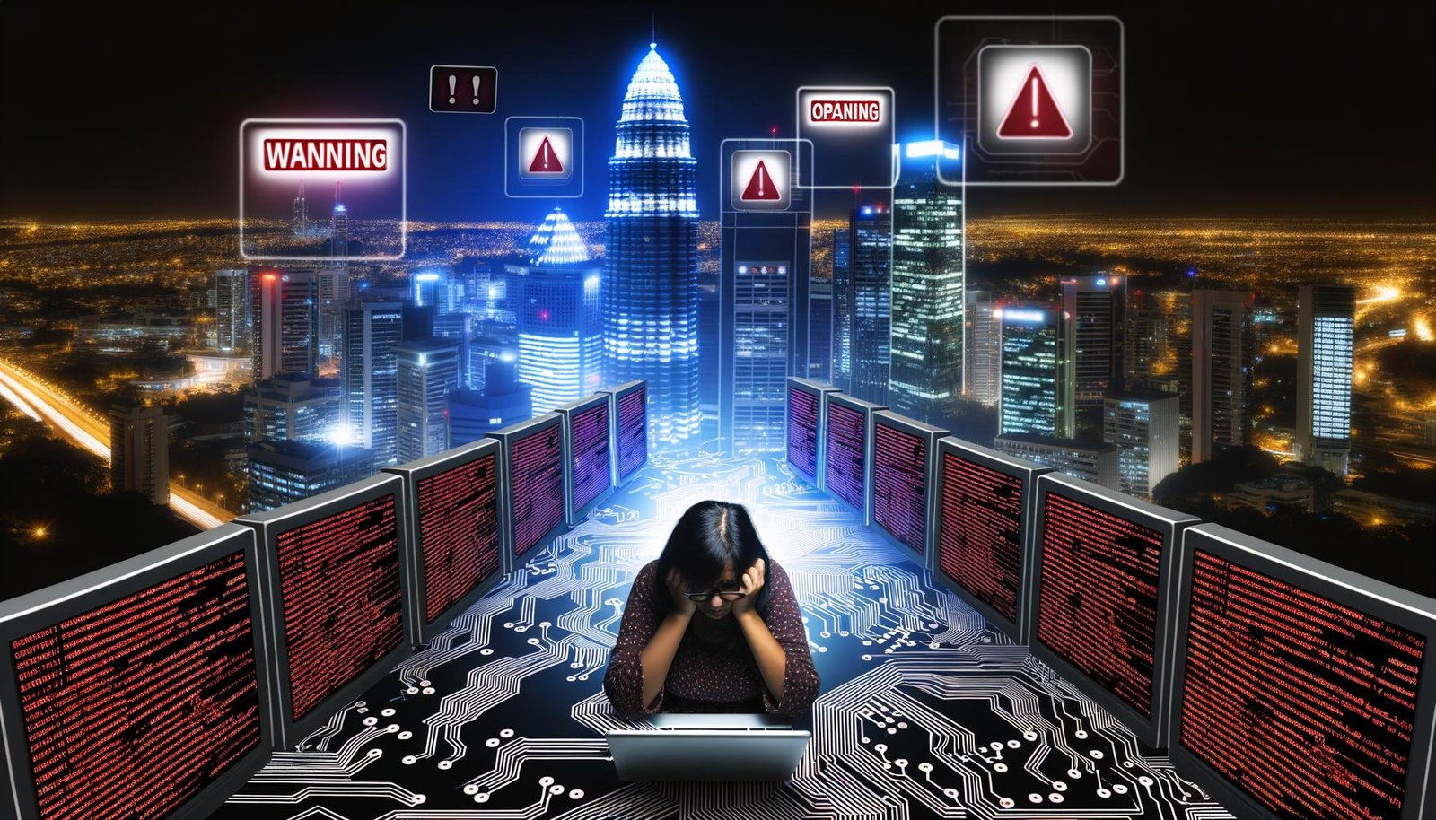 Gestresste Open Source Maintainer-Person vor Monitoren mit Warnmeldungen in einer nächtlichen Skyline aus Code und GitHub-Symbolen, umgeben von leuchtenden Konsumkonzern-Logos.