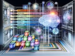 Visionärer Maschinenraum mit halbtransparenter Datenarchitektur, vernetzten Servern, neuronalen Netzwerken, grafischen Flow-Charts und bunten Content-Bausteinen im modernen Technologiestil