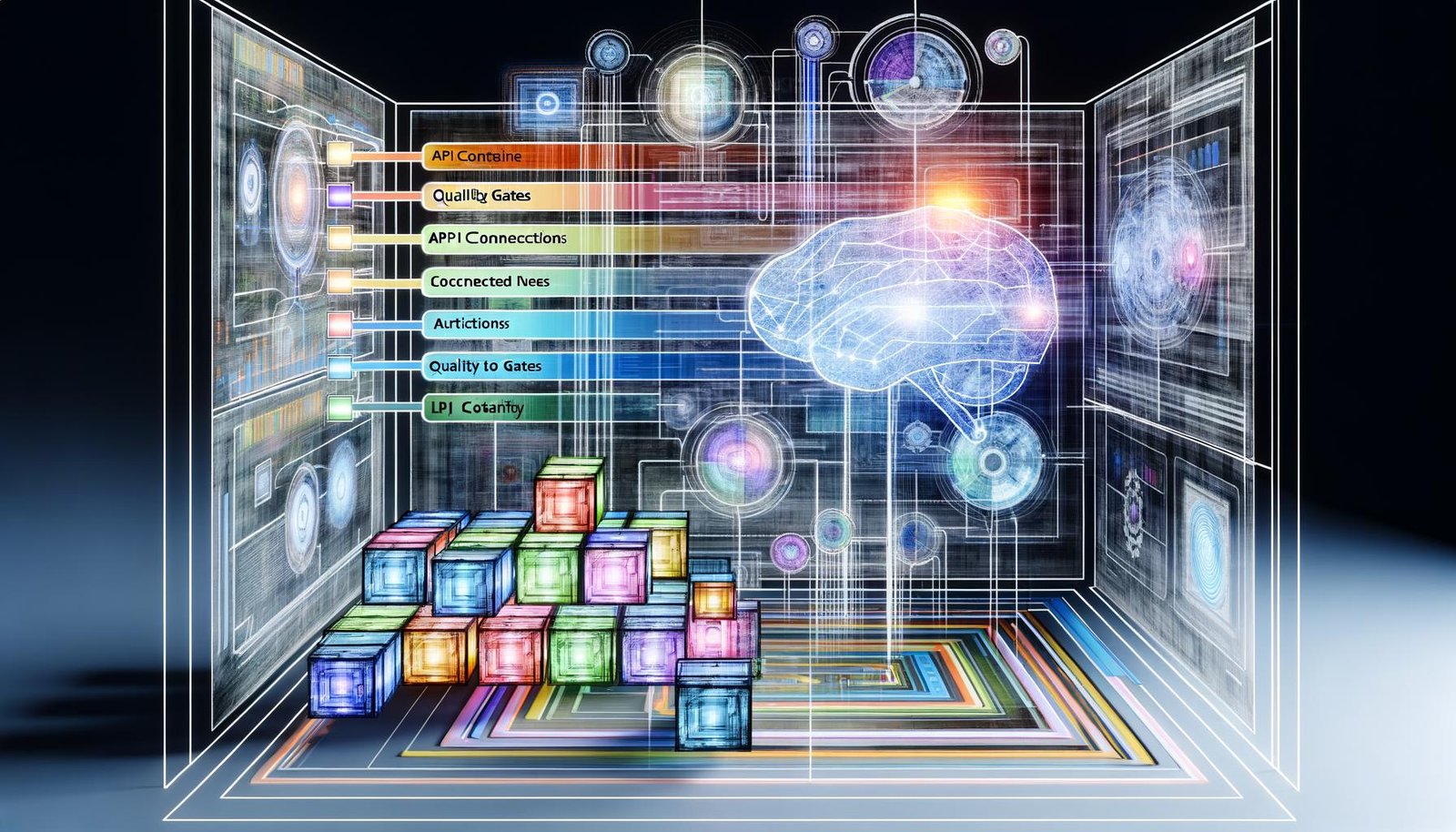 Visionärer Maschinenraum mit halbtransparenter Datenarchitektur, vernetzten Servern, neuronalen Netzwerken, grafischen Flow-Charts und bunten Content-Bausteinen im modernen Technologiestil