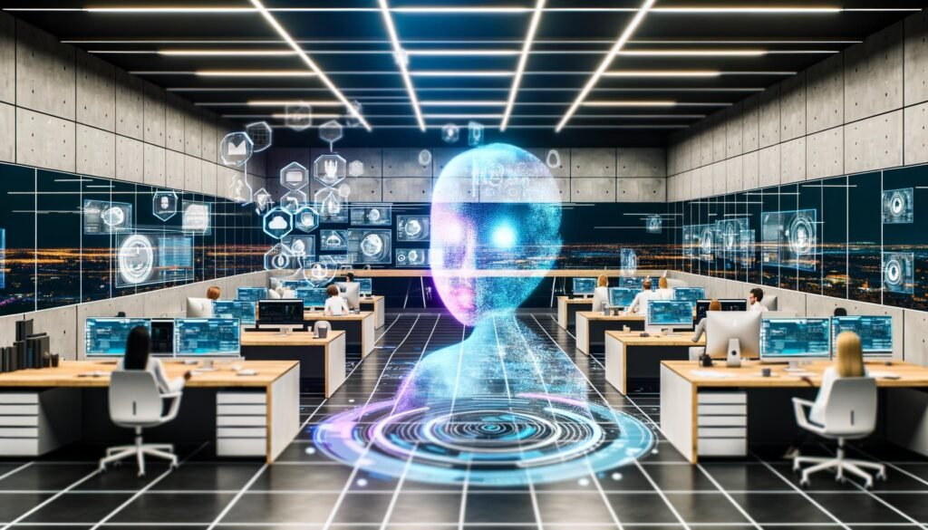 Futuristisches Redaktionsbüro mit holografischem KI-Assistenten, Menschen und digitalen Interfaces, die gemeinsam an Content arbeiten.