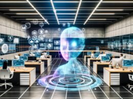 Futuristisches Redaktionsbüro mit holografischem KI-Assistenten, Menschen und digitalen Interfaces, die gemeinsam an Content arbeiten.