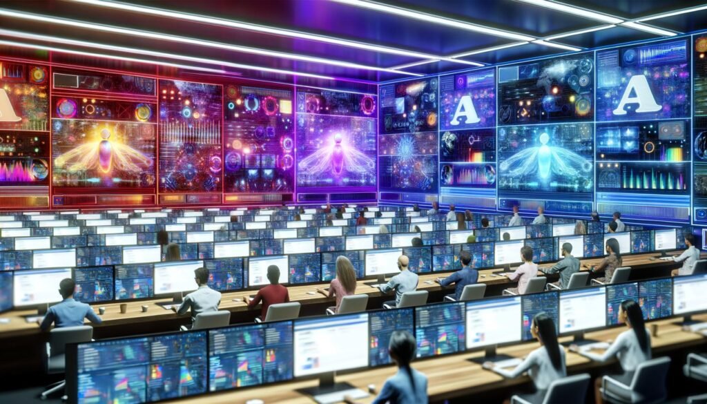 Redakteure und Marketer im modernen Newsroom mit großen Bildschirmen, holografischen Datendarstellungen und KI-Elementen