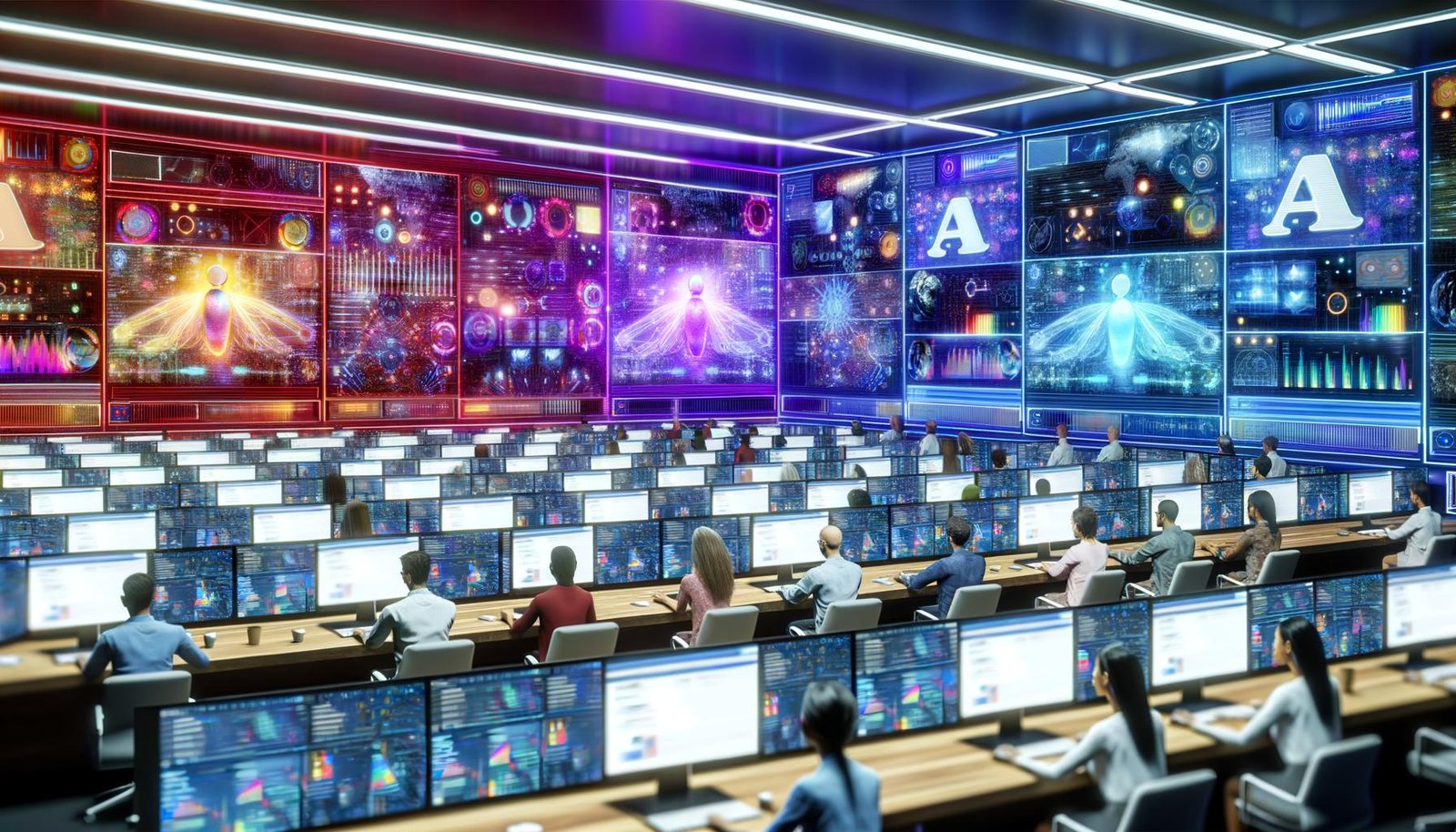 Redakteure und Marketer im modernen Newsroom mit großen Bildschirmen, holografischen Datendarstellungen und KI-Elementen