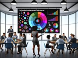 Modernes Marketing-Team diskutiert vor großem digitalen Dashboard mit bunten Kundensegmenten, Datenströmen und verschiedenen Marketing-Kanälen in einem offenen Büro.