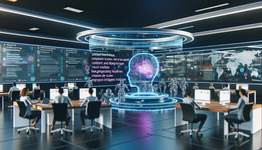 Moderne Redaktion mit Redakteuren an holografischen Interfaces, digitalen Monitoren und zentralem KI-Editor-Interface, umgeben von innovativen Visualisierungen und einer dynamischen Arbeitsatmosphäre.